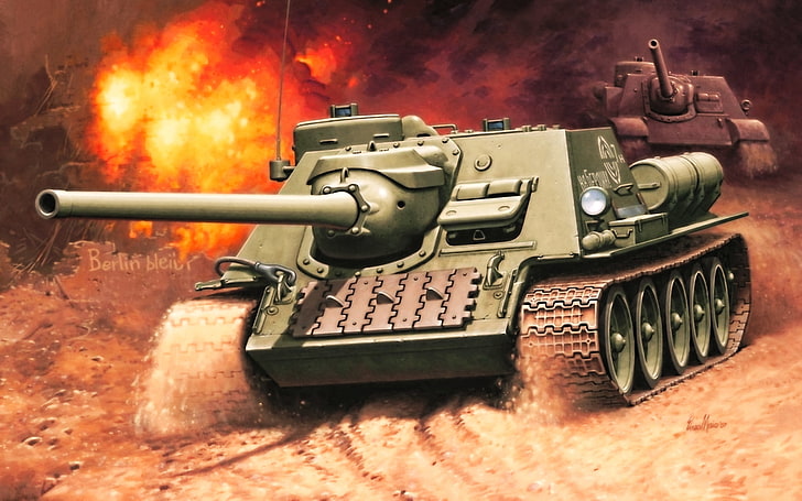 tanque militar verde, figura, URSS, o segundo mundo, SAU, Enzo Maio, artilharia autopropulsada, destruidores de tanques, SU-100, HD papel de parede