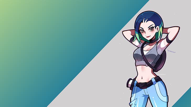 Pokémon, Sazare (Pokémon), Pokemon Scarlet and Violet, anime girls, video games, Nintendo, video game girls, blue hair, gradient hair, belly, belly button, bare midriff, jeans, white shirt, camera, looking at viewer, stretching, backpacks, bangs, bob cut, bob hairstyle, HD wallpaper