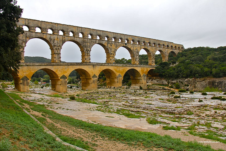 brown concrete structure, building, old building, bridge, aqueducts, Pont du Gard, HD wallpaper