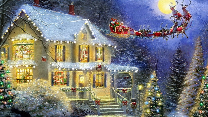 Праздник, Рождество, Художественный, Санта, Сани, Снег, Дерево, Зима, HD обои