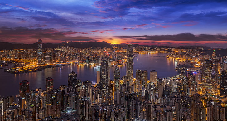 закат, Китай, здания, залив, Гонконг, панорама, ночной город, небоскребы, гавань Виктория, гавань Виктория, HD обои