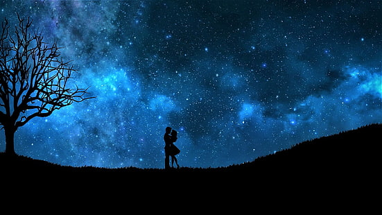 Künstlerisch, Liebe, Blau, Paar, Umarmung, Nacht, Romantisch, Kontur, Himmel, Sternenhimmel, HD-Hintergrundbild HD wallpaper