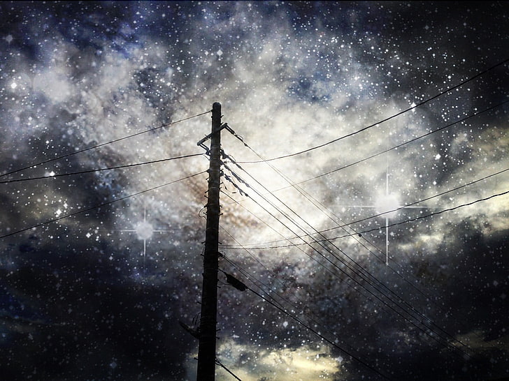 black electric post, stars, power lines, artwork, sky, HD wallpaper