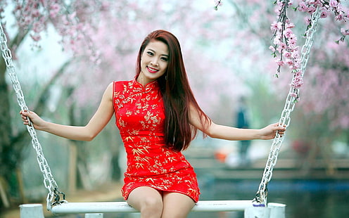 Frauen, asiatische, traditionelle Kleidung, gefärbte Haare, Brünette, lange Haare, roter Lippenstift, rotes Kleid, Blumenkleid, Frauen im Freien, HD-Hintergrundbild HD wallpaper