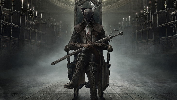 женщина сидит на коричневом стуле держит меч обои, кровь, из софта, оружие, арт, HD обои