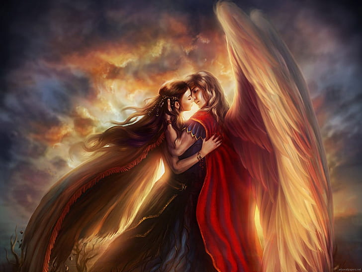 Angel HD, coupe angels illustration, fantasía, ángel, Fondo de pantalla HD