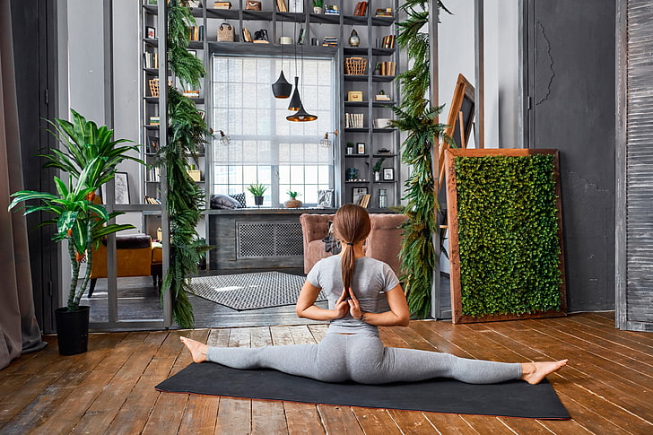 girl, pose, room, flexibility, plants, figure, slim, t-shirt, hairstyle, yoga, Mat, sports, brown hair, sitting, twine, on the floor, stretching, pigtail, shelves, leggings, HD wallpaper