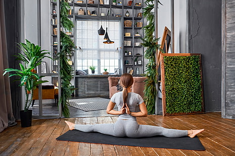 girl, pose, room, flexibility, plants, figure, slim, t-shirt, hairstyle, yoga, Mat, sports, brown hair, sitting, twine, on the floor, stretching, pigtail, shelves, leggings, HD wallpaper HD wallpaper
