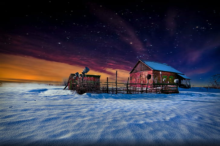 갈색 목조 주택 울타리와 별이 빛나는 밤, 겨울, 저녁 동안 흰색 바닥에 창 고별-우주, 자연, HD 배경 화면