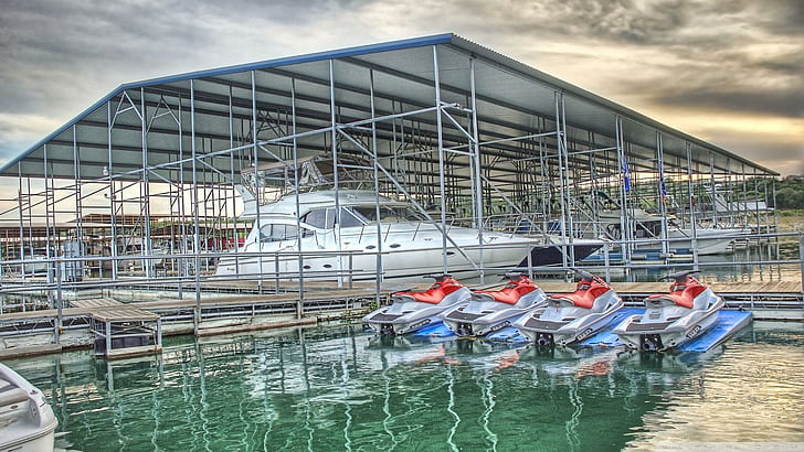 Ski Jets In Boathouse Hdr, four gray personal watercrafts, docks, ski jets, boats, HD wallpaper