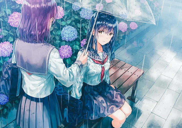 rain, umbrella, sailor uniform, flowers, wet, water drops, bag, bench, sitting, anime girls, HD wallpaper