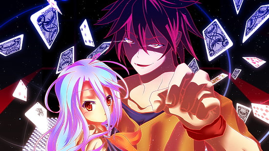 postać męska w brązowym topie otoczona ilustracją kart do gry, anime, No Game No Life, Shiro (No Game No Life), Sora (No Game No Life), anime girls, Tapety HD HD wallpaper