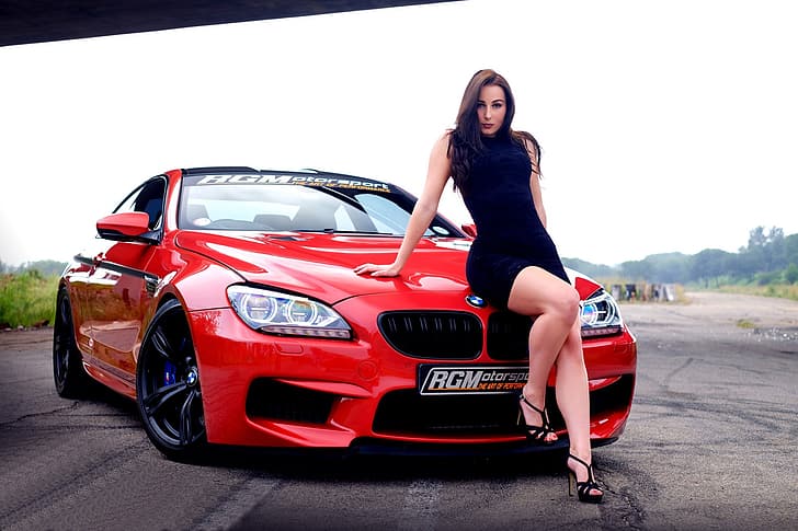 patrz, dziewczyny, BMW, czerwony samochód, na masce, piękna brunetka, Christiane Romicke, Tapety HD