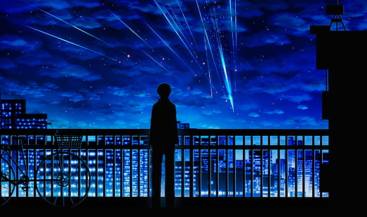 your name, taki tachibana, silhouette, scenic, night, stars, clouds, Anime, HD wallpaper HD wallpaper