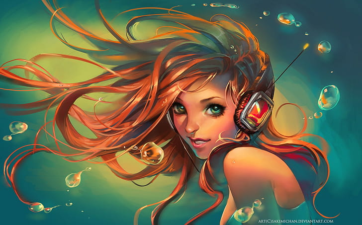 anime girls, bubbles, redhead, HD wallpaper