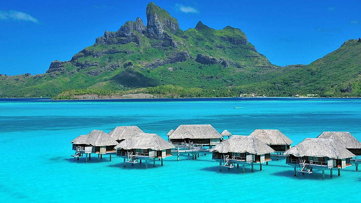 Luxus-Wasser-Landhäuser Aqua Blue Lagoon bei Bora Bora Tropical Isl Tahiti Desktop Background 597733, HD-Hintergrundbild