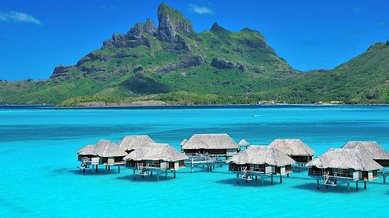Luxus-Wasser-Landhäuser Aqua Blue Lagoon bei Bora Bora Tropical Isl Tahiti Desktop Background 597733, HD-Hintergrundbild HD wallpaper