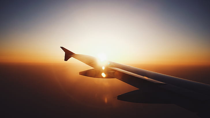 Flugzeug, Flugzeugflügel, Sonnenuntergang, Lens Flare, HD-Hintergrundbild