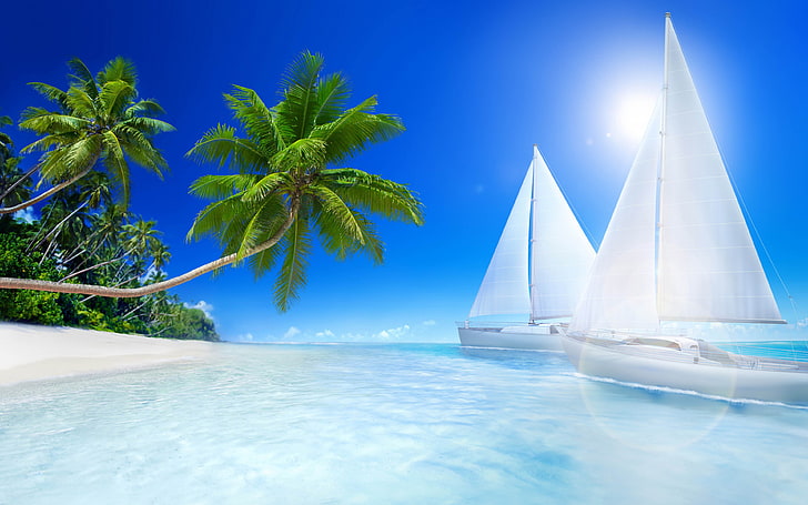 Тропически пейзаж Океански острови Плажове Палми Лодки Настолни Hd Тапети 3840 × 2400, HD тапет
