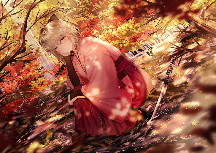 Fate/Grand Order, Okita Souji, rain, katana, sword, weapon, yellow eyes, forest, Japanese clothes, short hair, HD wallpaper