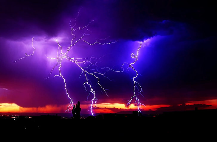 purple lightning, night, lights, lightning, clouds, HD wallpaper