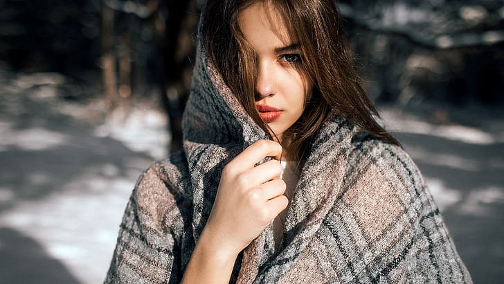 girl, long hair, photo, photographer, blue eyes, winter, snow, model, bokeh, lips, face, brunette, portrait, blanket, mouth, close up, lipstick, looking at camera, straight hair, looking at viewer, Vitaly Plyaskin, hair in the face, HD wallpaper