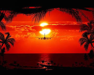 Czerwony tropikalny zachód słońca, zachód słońca, pory roku, lato, ocean, plaża, natura, raj, zachód słońca, wyspa, woda, tropikalny, sylwetka, lot, samolot, symbol, wakacje, romantyczny, chmury, samolot, grafika, palmy, wakacje, Tapety HD HD wallpaper