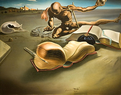 ilustración de libros abiertos, abstracto, Salvador Dalí, pintura, surrealista, libros, plumas, arte clásico, Fondo de pantalla HD HD wallpaper