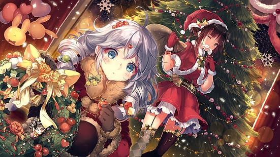  anime, anime girls, two women, Christmas, Christmas tree, santa outfit, Christmas ornaments, fir, low-angle, stockings, mismatched stockings, one eye closed, wink, silver hair, brunette, blue eyes, brown eyes, flower in hair, fruit, Christmas lights, balloon, party balloons, gloves, blushing, confetti, looking at viewer, ahoge, braided hair, Drill hair, Santa hats, Guns GirlZ, HD wallpaper HD wallpaper