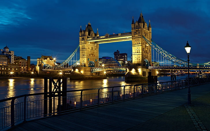 Тауэрский мост, Лондон, Лондон, Англия, город, ночь, огни, река, Темза, Великобритания, Тауэрский мост, фонарь, HD обои