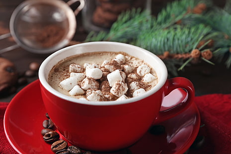Горещо какао, блата, кафе на зърна, чаша, HD тапет HD wallpaper