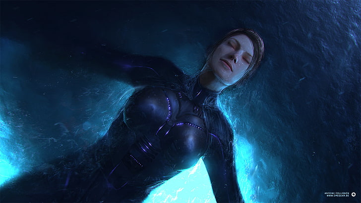femme portant un fond d'écran numérique de personnage de costume noir, art numérique, eau, flottant, Fond d'écran HD