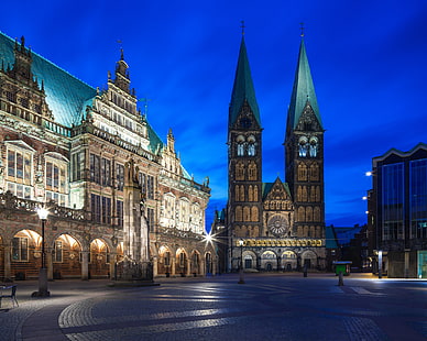 the sky, night, the city, lights, blue, Germany, lighting, architecture, night city, Bremen, The Bremen town hall, Bremen City Hall, HD wallpaper HD wallpaper