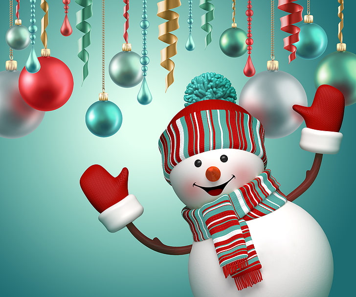 weiße Schneemannillustration, Bälle, Neujahr, Weihnachten, Schneemann, niedlich, Dekoration, fröhlich, HD-Hintergrundbild
