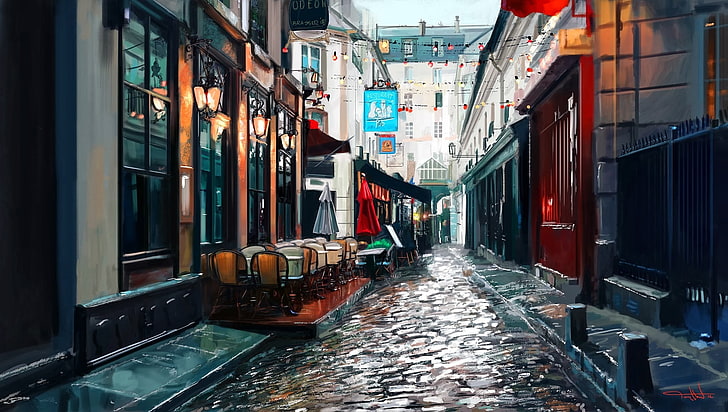 schwarze Wandleuchten, Straße, Malerei, Kopfsteinpflaster, Paris, Laterne, Stuhl, Regenschirm, HD-Hintergrundbild