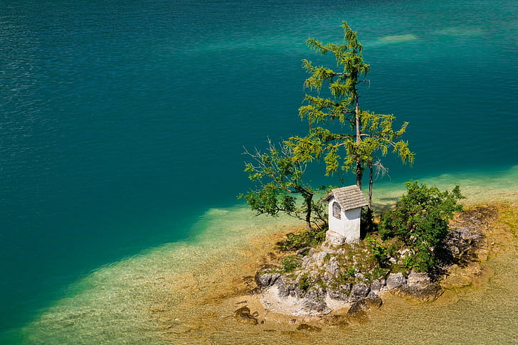 Lodge on island, Lake, water, island, lodge, tree, Nature, HD wallpaper