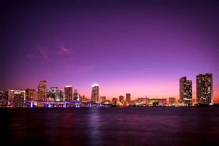 lighted city landscape portrait, city, Miami, Florida, HD wallpaper