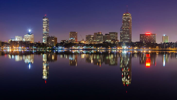 Panoramę Bostonu, miasto, noc, panoramę miasta, panoramę bostonu, miasto, noc, Tapety HD