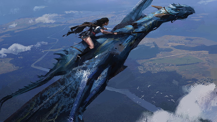 dragon, flying, aerial view, fantasy art, warrior, blue, fantasy girl, HD wallpaper
