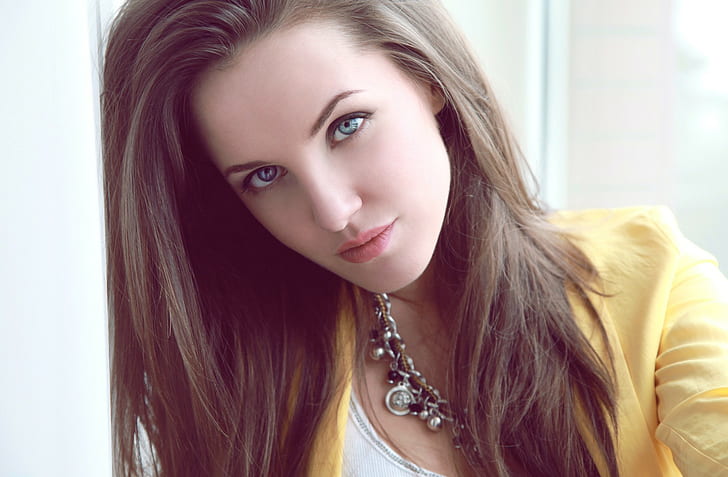 blue eyes, face, portrait, necklace, brunette, Kristina Rodionova, women, HD wallpaper