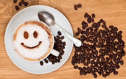 brown coffee beans, coffee, drink, coffee beans, smiley, spoon, cup, HD wallpaper HD wallpaper