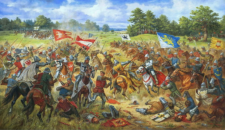 Войны воинов живопись, масло, картина, холст, 1410 год, галицкие знамена в Грюнвальдской битве, художник Артур Орлинов, HD обои