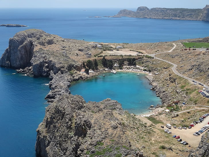 Griechenland, Rhodos, Lindos Bucht, verschiedene Autos, Griechenland, Rhodos, Lindos Bucht, HD-Hintergrundbild