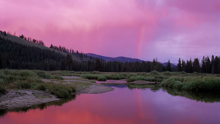 Deadwood River Idaho, river, shore, rainbow, holls, nature and landscapes, HD wallpaper
