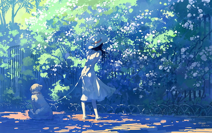 개 wallpapr, 여름, 하얀 드레스, 애니메이션 소녀, 애니메이션 여성 애니메이션 캐릭터, HD 배경 화면