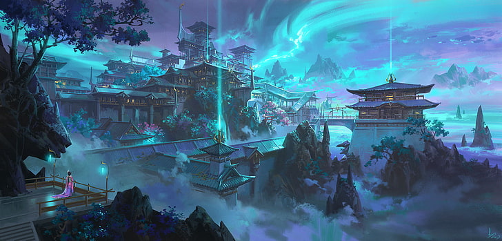 papier peint de pagodes, art fantastique, brouillard, temple, bleu, montagnes, Fond d'écran HD