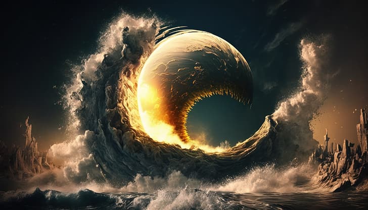 AI art, illustration, Moon, waves, collision, sea, HD wallpaper