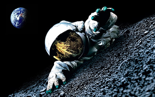 astronaut HD wallpaper, astronaut on the moon with e\arth view, space, Moon, movies, artwork, apollo 18, astronaut, horror, Earth, 2011 (Year), HD wallpaper HD wallpaper