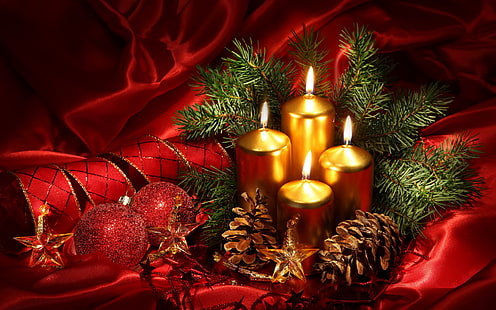 gold candles, decoration, red, fire, balls, stars, Candles, Christmas, tape, gold, bumps, New Year, Chrismas, Christmas tree branch, HD wallpaper HD wallpaper