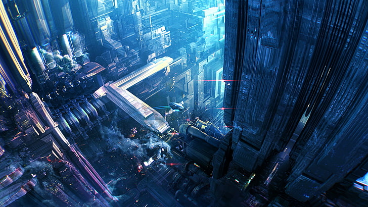 مبنى رمادي شاهق ، مدينة مستقبلية ، مستقبلية ، ثلاثية الأبعاد ، CG ، خيال علمي ، فن رقمي، خلفية HD